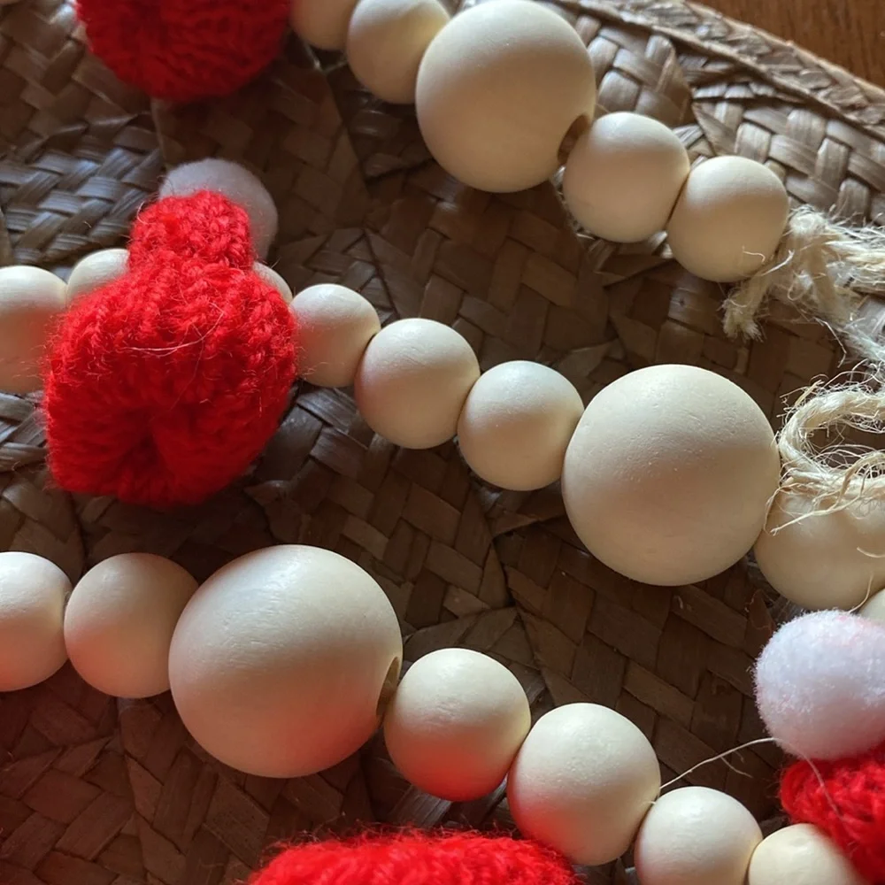 New Christmas Wooden Bead Garland Mini knit Christmas Santa Hats 7ft red white